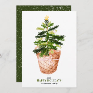 Modern Christmas tree watercolor bow illustration Card