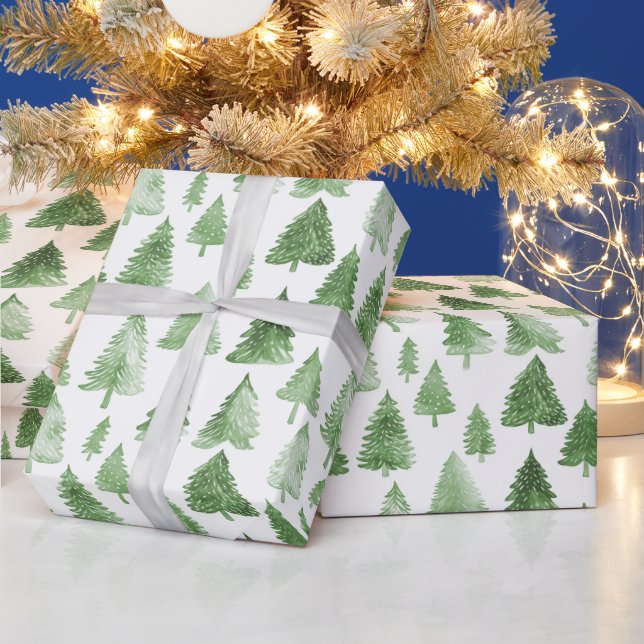 Modern christmas tree watercolor pine green vibe wrapping paper (Holidays)