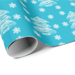 Modern Christmas Trees and Snowflakes Bright Blue Wrapping Paper