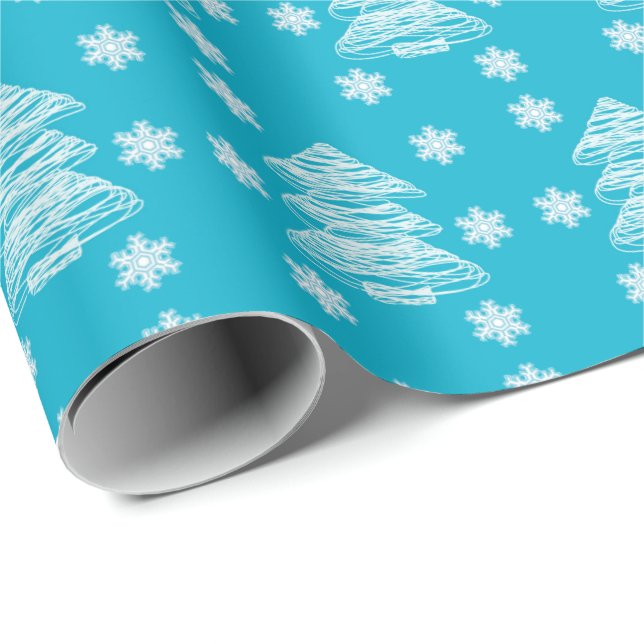 Modern Christmas Trees and Snowflakes Bright Blue Wrapping Paper (Roll Corner)