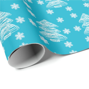 Modern Christmas Trees and Snowflakes Bright Blue Wrapping Paper