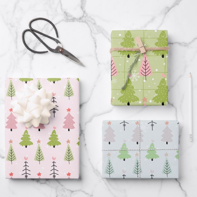 Modern Christmas Trees and Snowflakes Christmas Wrapping Paper Sheet (Front)
