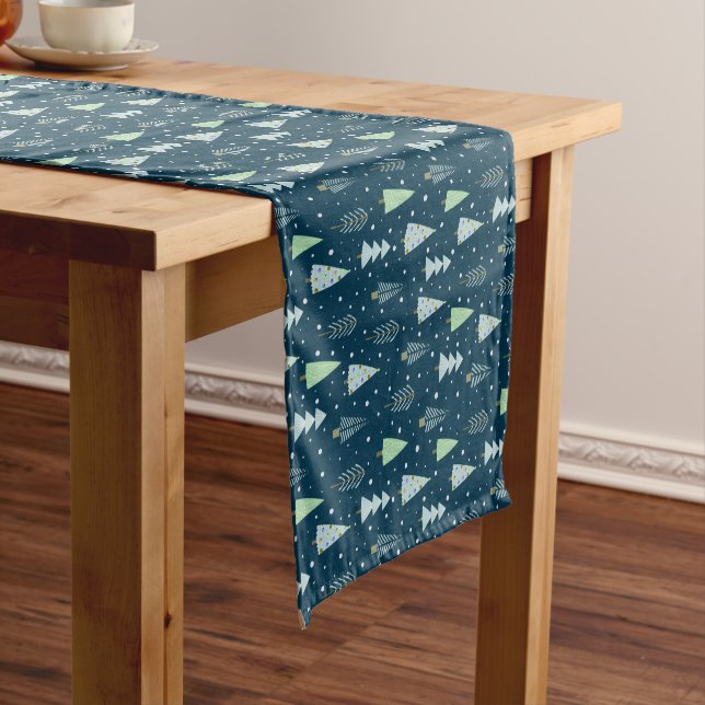 Modern Christmas Trees Blue Green Pattern Short Table Runner (In Situ)