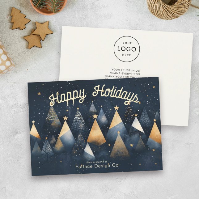 Modern Christmas Trees Blue Small Office Business Holiday Card (Creator Uploaded)