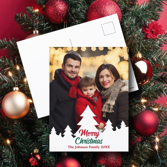 Modern Christmas Trees Family Photo Red Green Holiday Postcard (Creator Uploaded)