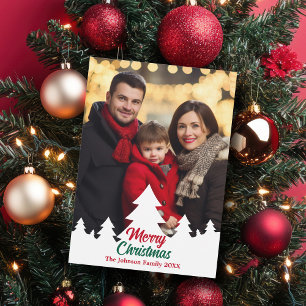 Modern Christmas Trees Family Photo Red Holiday Card