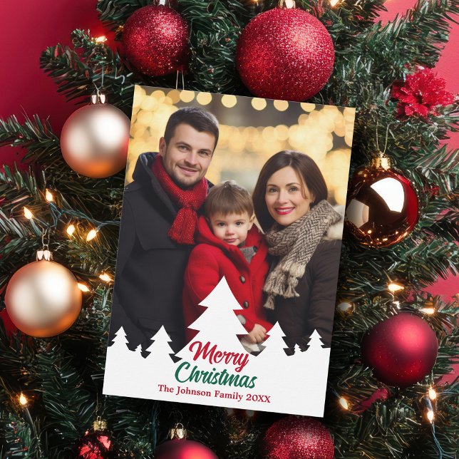 Modern Christmas Trees Family Photo Red Holiday Card (Creator Uploaded)