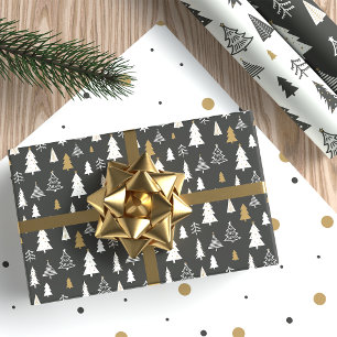 Modern Christmas Trees Gold and Grey Pattern Wrapping Paper Sheet