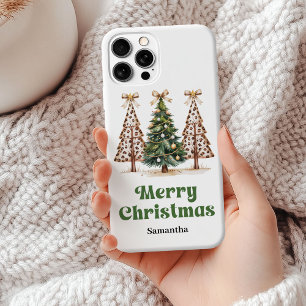 Modern Christmas trees green gold leopard pattern  iPhone 15 Mini Case