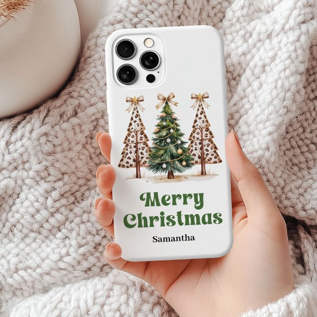 Modern Christmas trees green gold leopard pattern  Case-Mate iPhone Case (Modern Christmas trees green gold leopard pattern phone case)