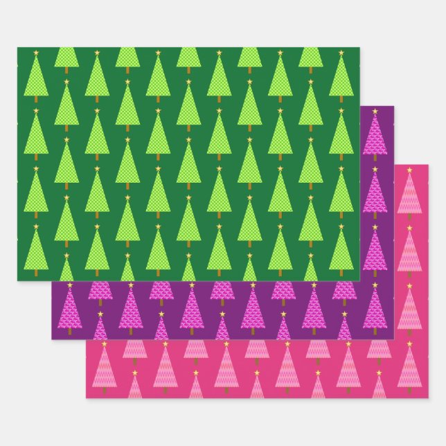 Modern Christmas Trees, Green, Purple, Pink Wrappi Wrapping Paper Sheet (Set)