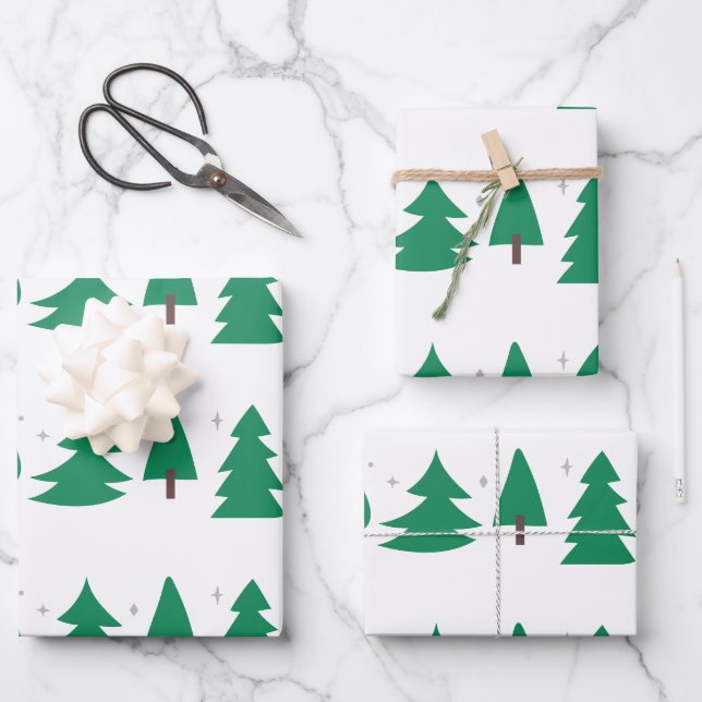 Modern Christmas Trees Green/Silver/White Wrapping Paper Sheet (Front)