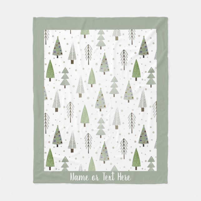 Modern Christmas Trees Hand Lettered Text Green Fleece Blanket (Front)