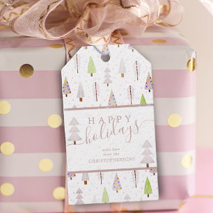 Modern Christmas Trees HAPPY HOLIDAYS Pink Script Gift Tags