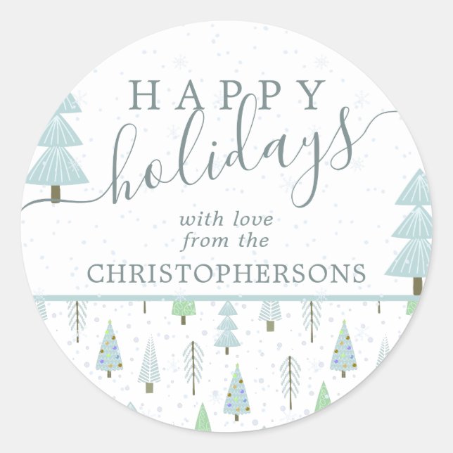 Modern Christmas Trees HAPPY HOLIDAYS Script Blue Classic Round Sticker (Front)
