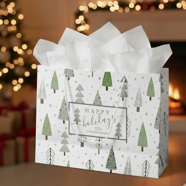 Modern Christmas Trees HAPPY HOLIDAYS Script Sage Large Gift Bag (Creator Uploaded)