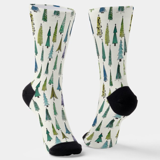Modern Christmas Trees Illustrated Pattern Socks (Angled)