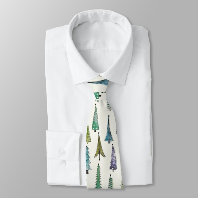Modern Christmas Trees Illustrated Pattern Tie (Tied)