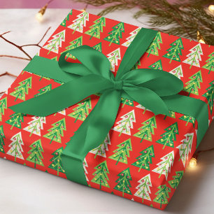 Modern Christmas Trees Lights Red Pattern Wrapping Paper