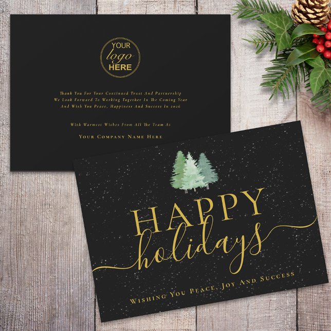 Modern Christmas Trees Logo Black Gold Business Holiday Card (Modern watercolor snowy christmas trees logo happy holidays black & gold business holiday card)