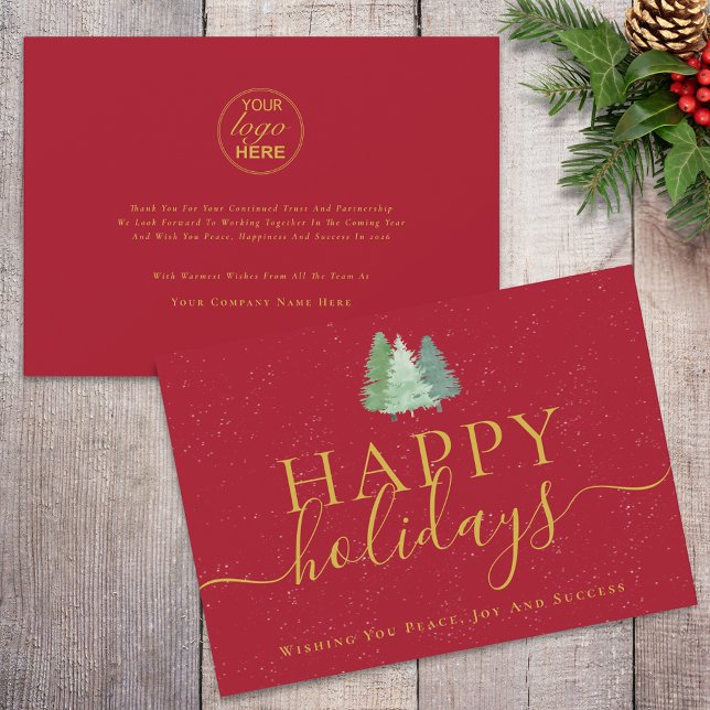 Modern Christmas Trees Logo Gold Red Business Holiday Card (Modern watercolor snowy christmas trees logo happy holidays red gold business holiday card)