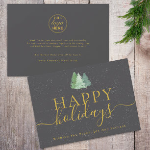 Modern Christmas Trees Logo Gray Gold Business Holiday Card