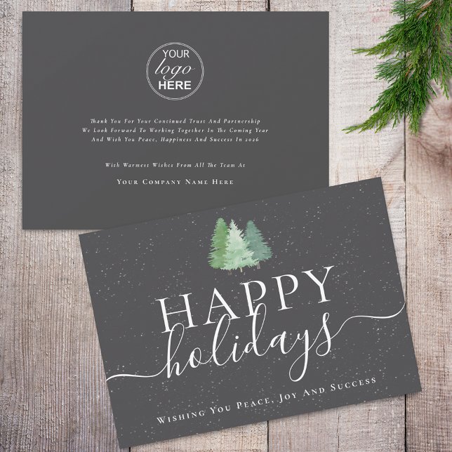 Modern Christmas Trees Logo Grey & White Business Holiday Card (Modern watercolor snowy christmas trees company logo business happy holidays card)