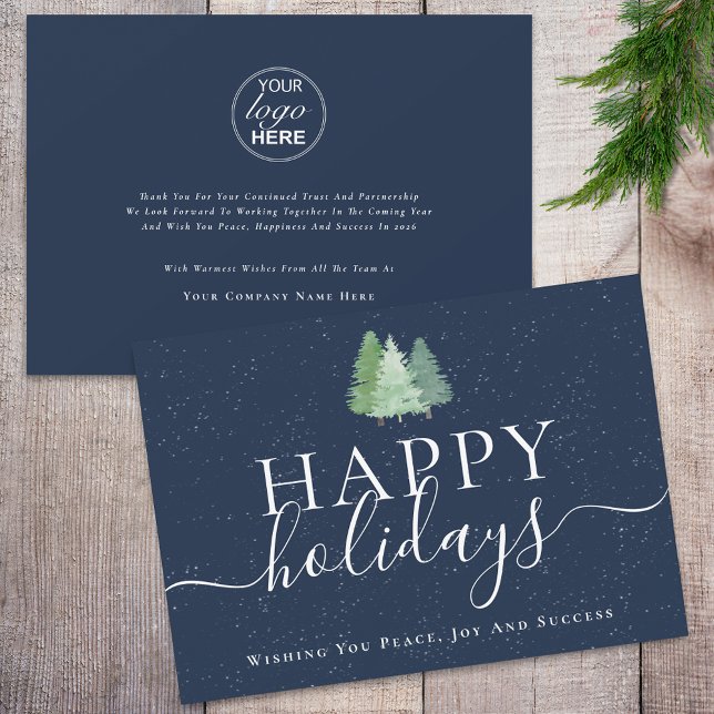 Modern Christmas Trees Logo Navy Blue Business Holiday Card (Modern watercolor snowy christmas trees logo happy holidays navy blue & white business holiday Card)
