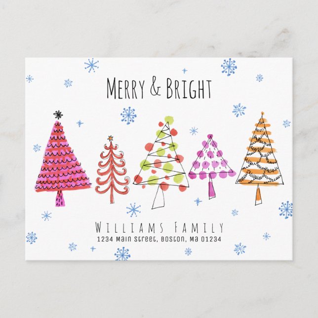 Modern Christmas Trees Merry Bright Moving Announcement Postcard (Front)