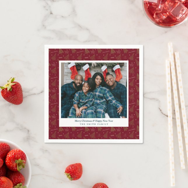 Modern Christmas Trees New Year Photo & Greetings Napkin (Insitu)