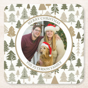 Modern Christmas Trees pattern Family photo Square Paper Coaster