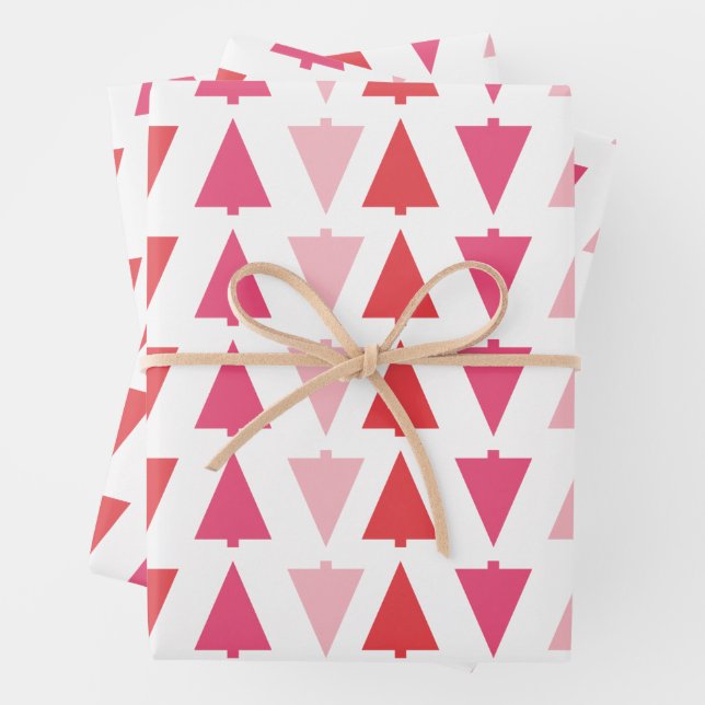 Modern Christmas Trees Pink Holiday Pattern Wrapping Paper Sheet (In situ)