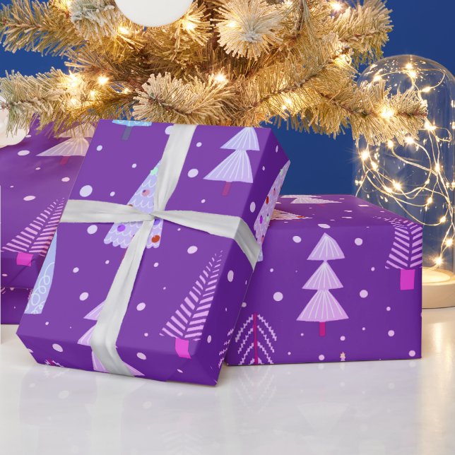 Modern Christmas Trees Purple Pink Blue Pattern Wrapping Paper (Holidays)