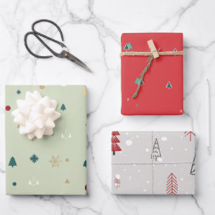 Modern Christmas Trees Red Olive Green Pattern Wrapping Paper Sheet