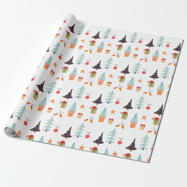 Modern Christmas Trees Sage Green Pattern Wrapping Paper (Unrolled)