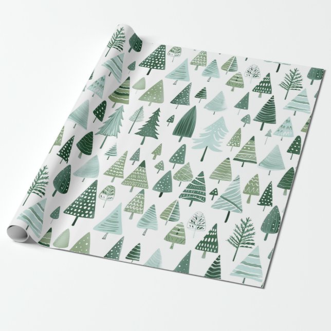 Modern Christmas Trees Sage Green  Wrapping Paper (Unrolled)