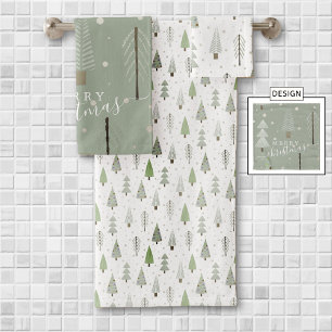 Modern Christmas Trees Sage Olive Green Pattern Bath Towel Set