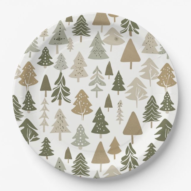 Modern Christmas Trees Sage Olive Green Pattern  Paper Plate (Front)