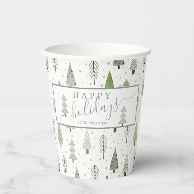 Modern Christmas Trees Script HAPPY HOLIDAYS Green Paper Cups (Front)