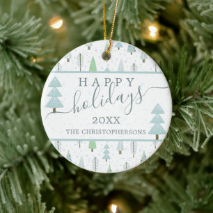 Modern Christmas Trees Script HAPPY HOLIDAYS Photo Ceramic Ornament