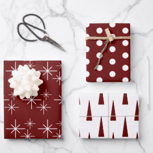 Modern Christmas Trees Simple Snowflakes Red  Wrapping Paper Sheet