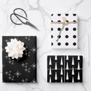 Modern Christmas Trees Snowflakes Black White  Wrapping Paper Sheet