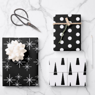 Modern Christmas Trees Snowflakes Black White    Wrapping Paper Sheet