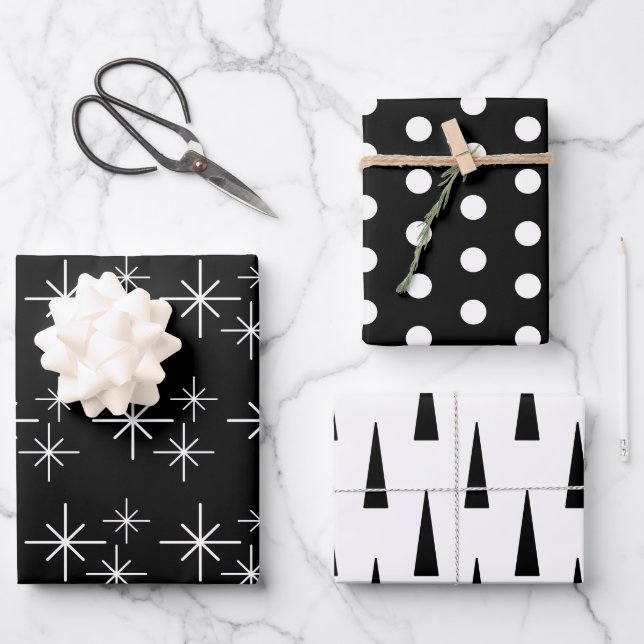 Modern Christmas Trees Snowflakes Black White    Wrapping Paper Sheet (Front)