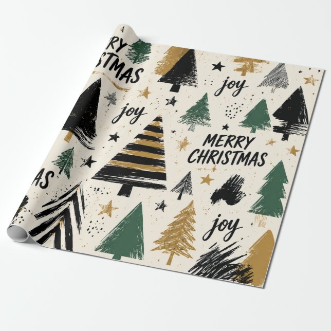 Modern Christmas Trees Typography Pattern Wrapping Paper (Unrolled)