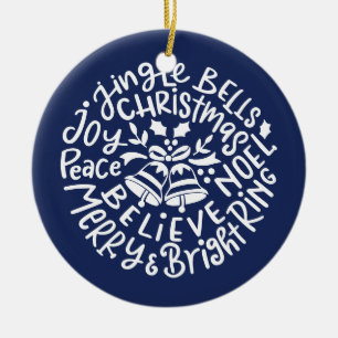 Modern Christmas Typography Jingle Bells blue Ceramic Ornament