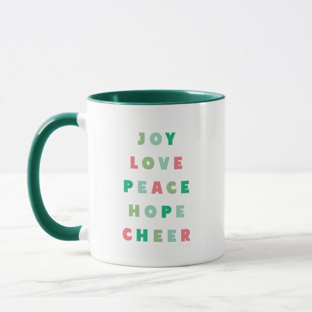 Modern Christmas Typography Joy Love Peace Hope Mug (Left)