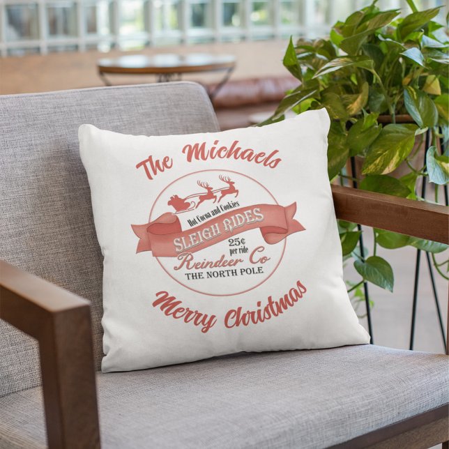 Modern Christmas Typography Personalised Cushion (Merry Christmas holiday decor with a classic modern Santa Claus sign. )
