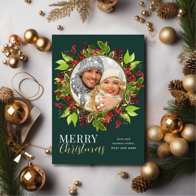 Modern Christmas Watercolor Botanical Photo  Holiday Card (Creator Uploaded)