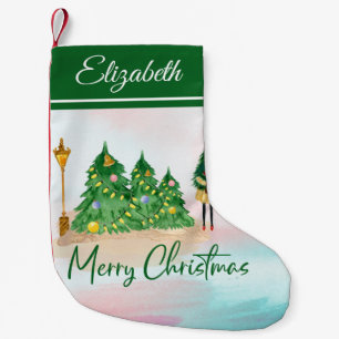 Modern Christmas Watercolor Green Trees Small Christmas Stocking